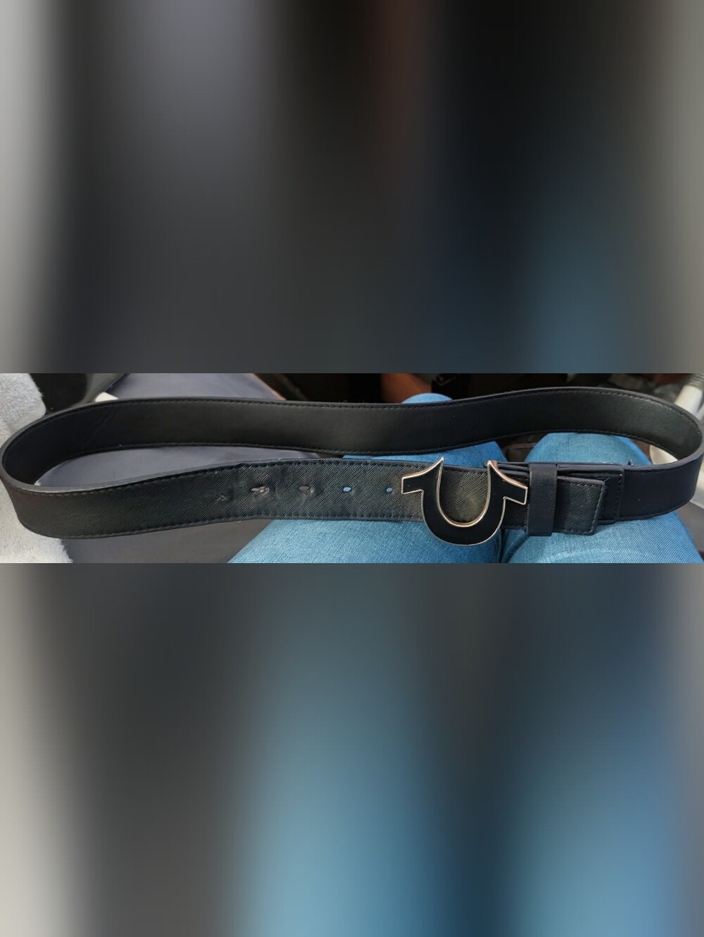 True Religion Men's Black Leather Horseshoe Buckle Belt Size 36